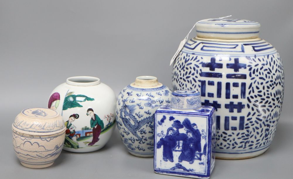 Chinese ceramics including a blue and white dragon jar, lacking cover, and four other pieces